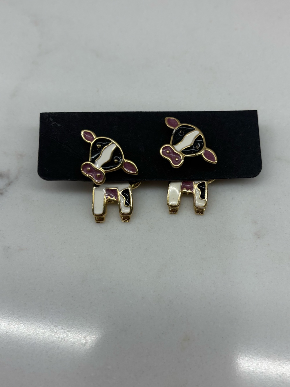 Vintage Gold Tone and Black White Pink Enamel Holstein Cow Dangle Earrings
